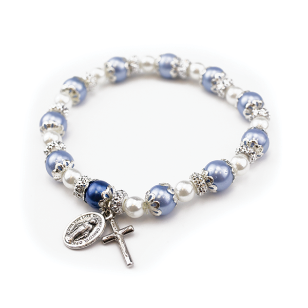 Blue and White bead stretch Rosary Bracelet