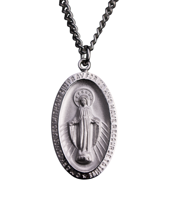 Rhodium Plated Pewter Miraculous Medal and Chain