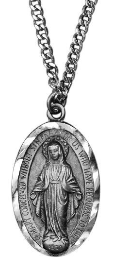 Large Pewter Miraculous Medal and Chain