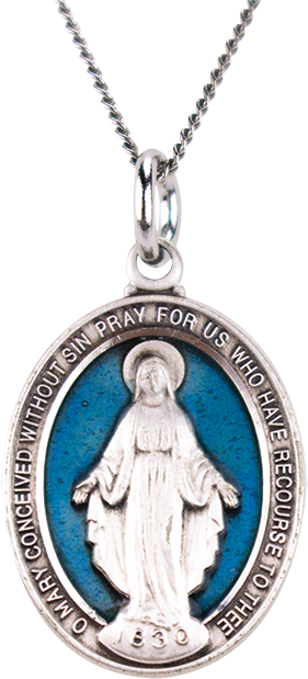 Miraculous Medal with Blue Background and Chain