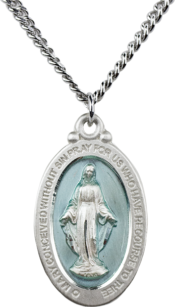 Large Blue Miraculous Medal and Chain