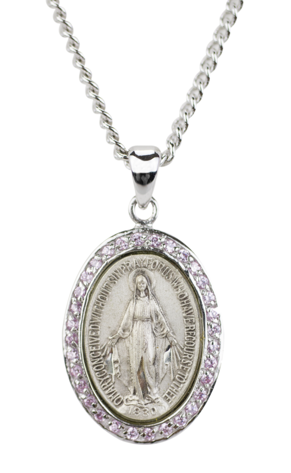 Pink Stone Miraculous Medal and Chain