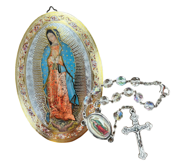 (Spanish item) The painting and rosary of the Virgin of Guadalupe