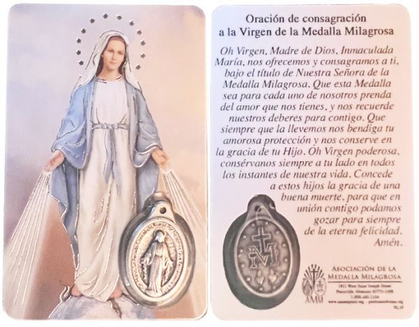 Spanish laminated prayer card with encased Miraculous Medal