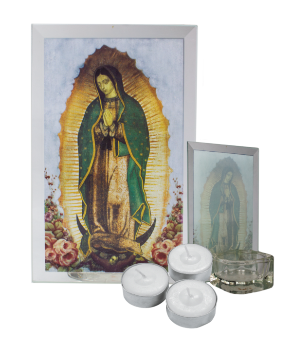 (Spanish item) Glass image of Guadalupe for candle