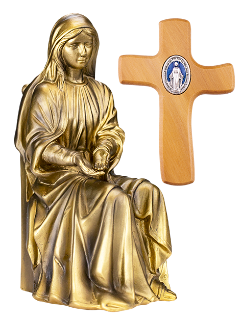 Hands of Mary statues and Palm Cross